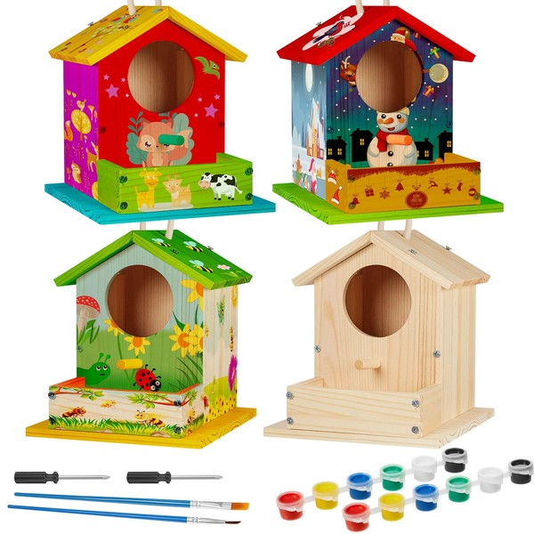 Liliful 4 Pack Birdhouse Kit DIY Wooden Bird House with Paint and Paintbrushes Arts and Crafts Painting Kits for Boys Girls Adults Build Paint Fun Classroom Birthday Indoor Outdoor Craft Activity