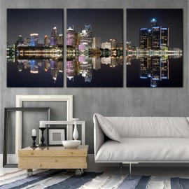 3 Pieces Panoramic Detroit Cityscape Picture Black and White Michigan Night Skyline Canvas Art Prints Wall Decoration for Bedroom Office Stretched and Framed Ready to Hang - 20"x28"x3 Panels