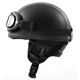 H110 Vintage Motorcycle Helmet with Goggles - Sizes XS to XL - Colours White, Glossy Black or Matte Black, XL 61cm, Leather