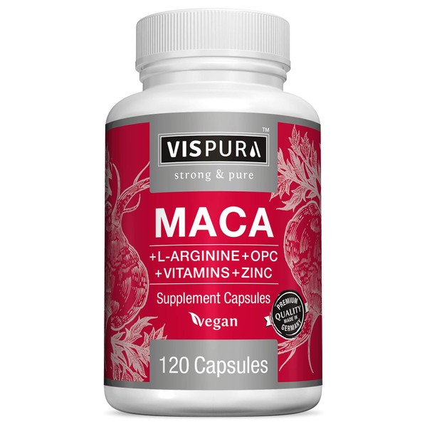 Maca Root Capsules 5000 mg + L-Arginine, Vitamins B6 + B12, OPC and Zinc, Energy Boosting Formula* for Men and Women, 120 Vegan Tablets with Organic Maca Peruana Extract