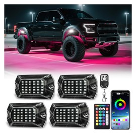 4 Pods Full Angle RGB LED Rock Lights for Jeep Truck ATV UTV RZR Offroad Golf Cart SXS, Waterproof Multicolor Neon Underglow Kit with APP/RF Remote, 12Volt Underbody Lights