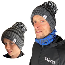 gr8ful® Big Bobble Hat for Men, Women, Boys & Girls | Warm Wooly Fluffy Hat fab for Hiking, Running, Gardening, Golf, or Outback Explorer Beanie hat | Lightweight Quick Dry, One Size (Grey, Black)