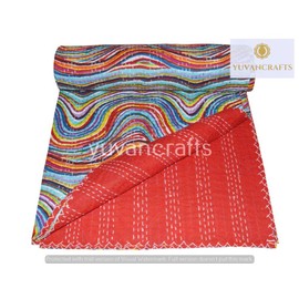 YUVANCRAFTS Indian Handmade Vintage Kantha Quilt Twin Size Pure Cotton Multi Color Kantha Throw Blanket Bedspread Coverlet