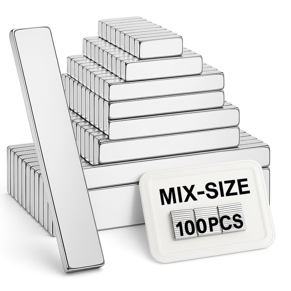 Junarter 100 Pack Bar Magnet, Mix-Size Rectangle Magnets, Thin Magnets,