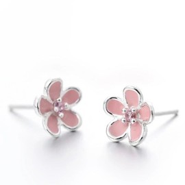 ZARD Girls Cherry Blossom Pink Enamel Flower Earrings in Sterling Silver