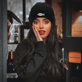 Jesus Fish Beanies Hats Men Black Beanie for Men Skull Beanie Winter Hats for Men Women Warm Knitted Hat Unisex Cuffed Beanie Knit Hat Chemo Cap Headwear Christian Cross Beanie Hip Hop Cap Men Gift