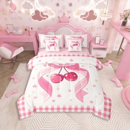 Feelyou Pink Cherry Comforter Set 7 Pieces Cherry Pattern Bed in a Bag Cute Bowknot Bow Cartoon Fruit Bedding Set Queen Size Bedroom Dreamy Princess Bed Set with Comforter, Sheet Set, Pillowcases