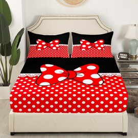 Homewish Bowknot Fitted Sheet Full Size,White Dots Bedding Set 3pcs for Kids Teens Girls Boys Room Decor,Romantic Princess Style Bed Cover Red and Black Bed Sheet Set with 2 Pillowcases