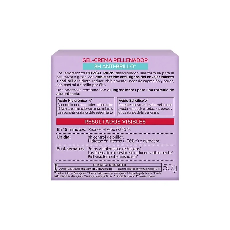 Gel Crema L'oréal Paris Ácido Hialurónico Anti Brillo, 50g