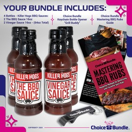 Killer Hogs The BBQ Sauce & Vinegar Sauce Premium 4 pk (64 oz) Great to Dip Toss Glaze & More + Barbecue Masters & Bottle Opener (6 Items)!