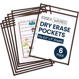 Essex Wares - 6 Pack, Brown, Durable Water-Resistant Dry Erase Pocket Document Protectors, 10" Wide x 13.5" Tall - Dry Erase Clear Plastic Sleeves - Reusable & Easy Erase Plastic Invoice Holders