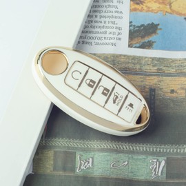 SK CUSTOM White TPU Gold Edge Smart Key Fob Case Protective Cover Compatible with Infiniti JX35 Q50 Q60 QX56 QX60 QX80 for Nissan Altima Armada Maxima Murano Pathfinder Rogue