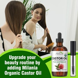 MILANIA Castor Oil 60ml (2oz) Organic, Extra Strength, Serum for Eyelashes, Eyebrows, Hair Growth - 100% Pure, Hexane-Free Cold-Pressed - Natural Conditioner, Skin Moisturizer, Laxative for Men & Women. FREE Eyelash wand tube