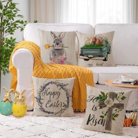 Easter Throw Pillow Covers 20x20 Set of 4 Spring Easter Pillow Covers Easter Cross Bunny Eggs hunt Truck Cushion Covers Pillow Cases for Home Outdoor Sofa Couch Decoration（20 inch）