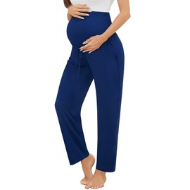 SWOMOG Women's Maternity Pants Over The Belly Pregnancy Pants Stretchy Lounge Wide Leg Palazzo Trousers with Pockets Navy Blue