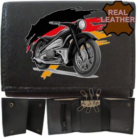Biker Classic Vintage Motorbike Motorcycle Germany Flag Mens Key Wallet Gift Box KLASSEK Brand Real Black Leather 6 Clips with Zip Pocket