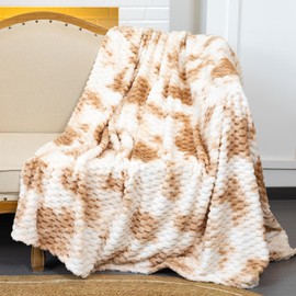 Home Thick Flannel Fleece Queen Bed Blanket,3D Clouds Imitation Turtle Shell Jacquard Decorative Blankets for All Season,Tie-dye Cozy Soft Throw Blanket 90x90 Inches,Brown and White