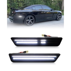 PWOBVZ Dynamic White LED Rear Side Marker Lights for 2008-2014 Dodge Challenger &2011-2014 Charger, Smoked Lens Bumper Sidemarker Lamps with Dual Row, pack of 2