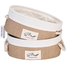 Sea Team 2-Pack Small Jute and Canvas Storage Baskets with Cotton Rope Handles - Ideal for Toiletries, Toys, Sundries, Desk Gadgets