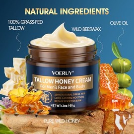 Crema hidratante facial para hombre, antienvejecimiento y arrugas para hombres con bálsamo de sarga y miel cruda, hidratante natural de sarga alimentada con pasto para cara, cuidado facial de la piel y loción para ojos, día y noche, 2 onzas