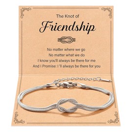 BelleVive Friendship Bracelets, Love Knot Bracelet Titanium Steel Dainty Snake Chain Infinity Bracelet with 1 Card Adjustable Gold Jewelry Gifts for Women, Silver 1