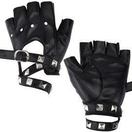 CALFOVERA PU Leather Outdoor Sports Driving Fingerless Gloves Retro Punk Gothic Cosplay Half Finger Palm Gloves with Rivet Belt for Women Men Performance Costume Driving Motorcycle Bike (Black)