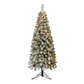 Home Heritage Corner 5 Foot Flocked Skinny Pine Pre-Lit Artificial Christmas Tree Holiday Decor with 100 Warm White LED Lights and Stand, Green