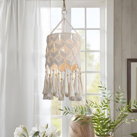 Bioaqua Boho Hanging Lamp Shade,Macrame Pendant Light Shade,Handmade Boho Light fixtures Hanging Lights with Plug in Cord,Boho Lamps for Home livingroom Bedroom Kitchen (Lightbulb Not Included)