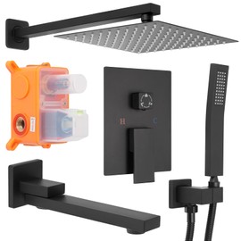 10 inch Square Shower Head and Handheld Set, Gasecoet Shower System with Tub Spout Wall Mounted Shower Faucet for Bathroom - Matte Black (With Shower Valve)