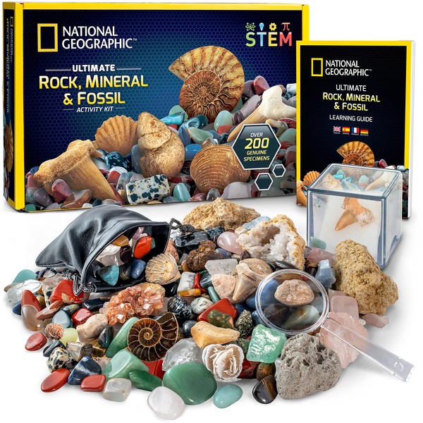 NATIONAL GEOGRAPHIC Rocks & Minerals Collection Box for Kids - 200+ Piece Gemstones & Crystals Set with Geodes & Real Fossils, Science Kit for Kids