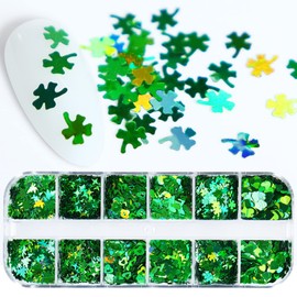 Laser Green Glitter Nail Art Sequins, Holographic 3D Sparkly Flakes Decoration, Love Heart Stars Shamrocks Music Leaf Nail Art Design Supplies for Women Girls Manicure Charms Decorations DIY Crafts