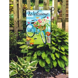 Texupday Welcome Blue Bicycle Flower Blooms Butterfly Decoration Spring Garden Flag Outdoor Yard Flag 12" x 18"
