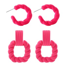 2Pairs Twisted Hoop Earrings Colorful Hoop Earrings Summer Sarrings Retro Earrings for Women Girls (hotpink)