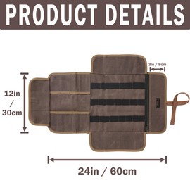 Tool Roll Pouch, Heavy Duty 16OZ Waxed Canvas Tool Bag Roll, Hand Tools Pouch with 1 Zipper Pocket + Elastic Band, Sturdy Tool Storage Roll Bag for Horticulturist Mechanic Handyman - Grey - 24" x 12"