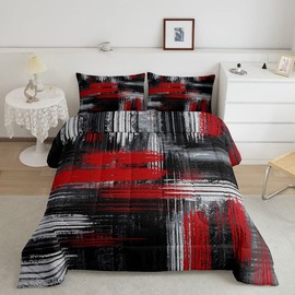Feelyou Red Black and Grey Comforter Geometric Artistic Smear Comforter Set Abstract Graffiti Art Bedding Set Contemporary Modern Brush Design Duvet Set Room Decor Quilt Set Queen Size