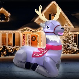 7ft Long Christmas Inflatable Giant White Reindeer Decorations Built-in LED Lighted Blow Up Decoration Home Yard Outdoor Indoor Garden Lawn Decor