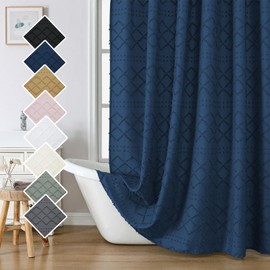 Lecloud Dusty Blue Boho Shower Curtain, 72"x78" Inches, Farmhouse Clip Jacquard Fabric, Minimalist Plaid Striped Bathroom Curtain