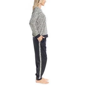 MUK LUKS Likely to Lounge Women's 2-Piece Pajama Set, Minky Fleece Long Sleeve and Jogger Pjs, Black/Leopard, L