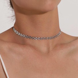 Zeshimb Silver Chain Choker Necklace Dainty Chunky Necklace Simple Geometric Chain Necklace Minimalist Table Chain Necklace Silver Plated Clavicle Necklace Jewelry for Women Girls