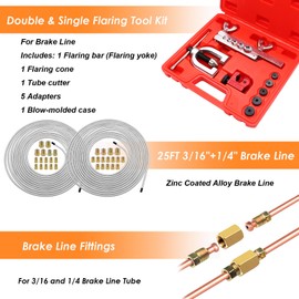 Eoppen 25 ft 3/16 + 1/4 Zinc Coated Alloy Brake Line Kit(Includes 48 Fittings and 8 Unions) with Tube Bender and Double & Single Flaring Tool Kit
