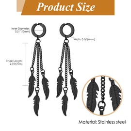 Flongo Feather Pendant Earrings Unisex: Gold Black Silver Fake Plug Without Pierced Ear Cuff Stainless Steel Gothic Huggie Hoop Earrings 3 Heels Feather Pendant Viking Punk Biker Earrings Men Women,