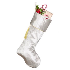 Dibor Luxury Christmas Stocking Silver Velvet Stocking with Gold Braided Cuff & Hanging Tassel Decoration (CR07)