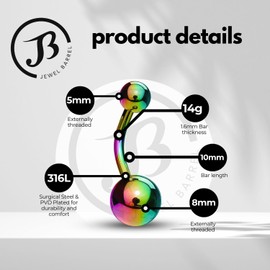 JEWEL BARREL Belly Button Bar 14g (1.6mm) Basic Belly Navel Piercing Ring 10mm Length Plain Balls Rainbow