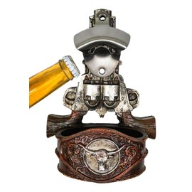 Ebros Gift Wild West Western Cowboy Double Revolver Gun Pistols Silver Texas Longhorn Concho Wall Mounted Soda Beer Glass Bottle Cap Stainless Steel Metal Opener Sculpture Man Cave Accent