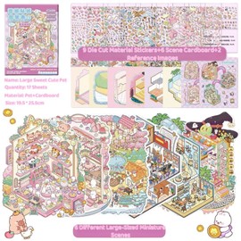Sweet and Cute Pet Large 3D Miniature Scene 6 Sets of Stickers,DIY House Sticker with Tweezers Make Your Own Cute Cartoon Sticky Pack for Kids Adults Girls Relief Stress,Party Favors Birthday Gift
