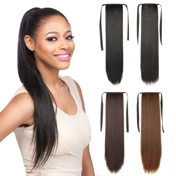 Remeehi 22" Ponytail Hair Piece Straight Long Synthetic Fiber Tie Ponytail Hairpiece for Girls Women Brown Black