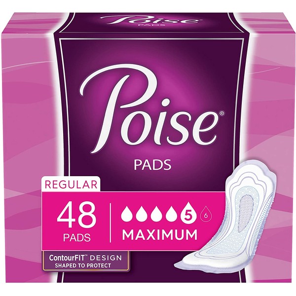 Poise Incontinence Pads, Maximum Absorbency, Regular Length, 48 Count (Pack of 4)