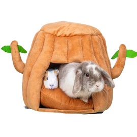 Hopp'd™ Tree Stump Hidey - Washable 2-in-1 Cute Fleece Vegan Tree Stump Hideout for Guinea Pigs/Rabbit | 14"x13"x13" Waterproof, Anti-Slip | Free Pillow | US Brand