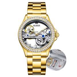 OLEVS Women Watch Skeleton Set Automatic Mechanical Silver Luxury Dress Waterproof Luminous Lady Watch Gift Set
