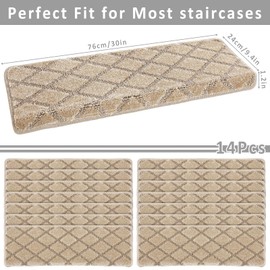 Drydiet 14 Pack Bullnose Carpet Stair Treads for Wooden Steps 9.5" x 30" Tape Free Non-Slip Wooden Steps Protection Washable Reusable Diamond Bullnose Stair Treads(Camel)